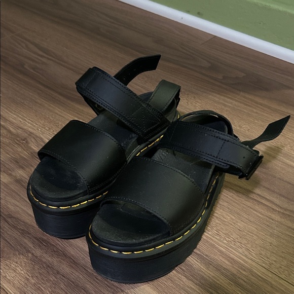 Dr. Martens Shoes - Dr. Martens Black Platform Sandals with Yellow Stitching